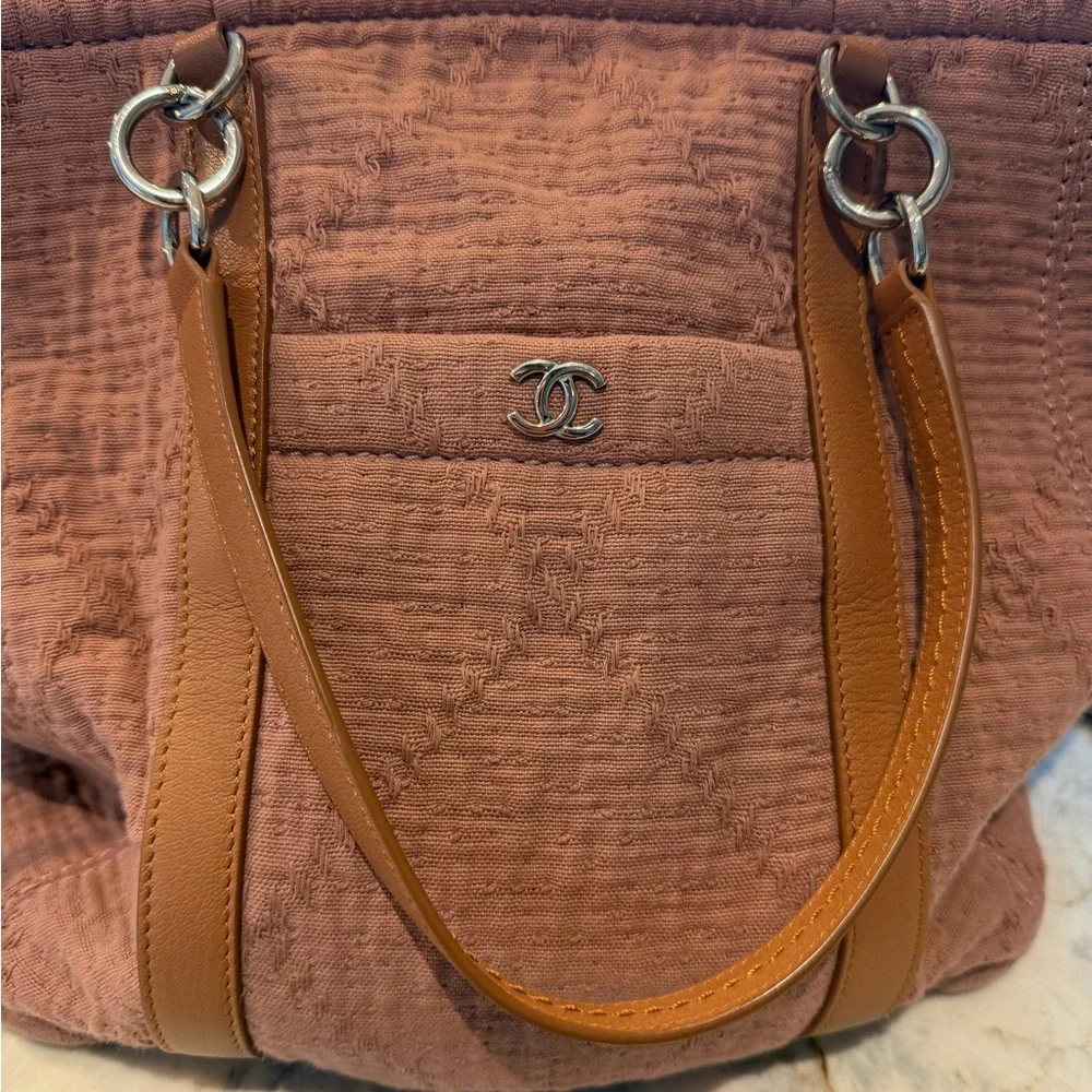 CHANEL Deauville Dusky Pink Quilted Fringed Tote with Brown Leather Trim